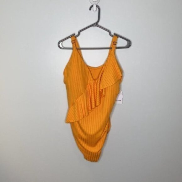 Everyday Sunday Women Yellow One-Piece Ruffle Ribbed Swimsuit Plus Size 3X - Picture 4 of 13
